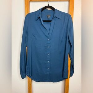 Ann Taylor Deep Blue Teal Button-Down Shirt Small TALL